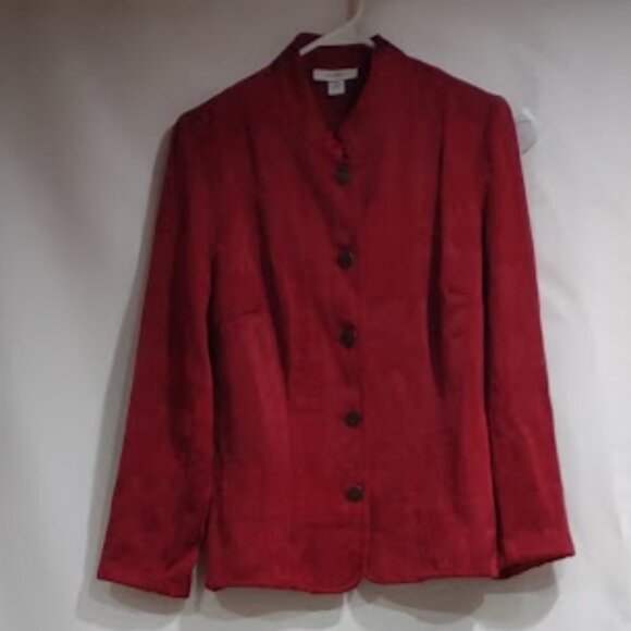 DRESS BARN RED VELVETY BLAZER 5 BUTTON HOLIDAY JACKET CHOKER COLLAR SIZE S - Picture 1 of 10